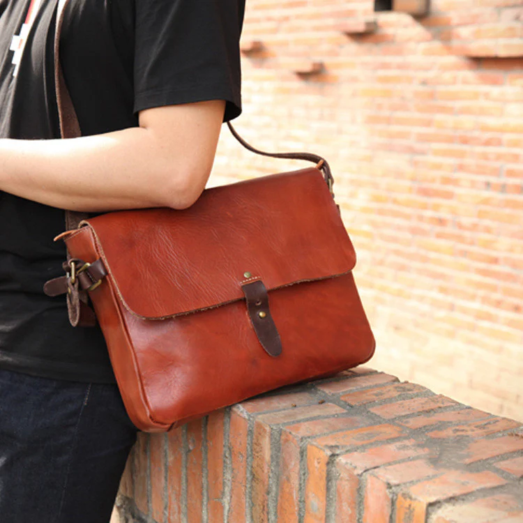 Vintage handmade first layer cowhide messenger bag vegetable tanned leather messenger bag crossbody computer bag