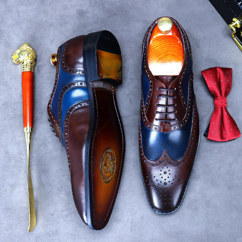 Higher Quality Men's Leather shoes color block engraved pointed toe business brogue