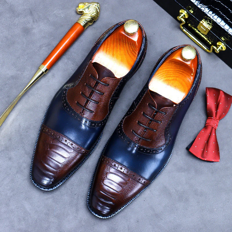 Higher Quality Men's Brogue Leather Colorblock Embossed Business Shoes