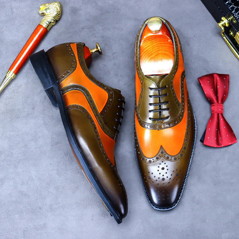 Higher Quality Men's Leather shoes color block engraved pointed toe business brogue