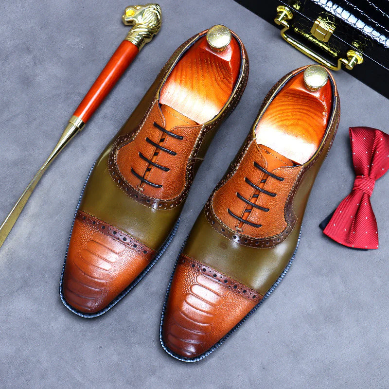 Higher Quality Men's Brogue Leather Colorblock Embossed Business Shoes